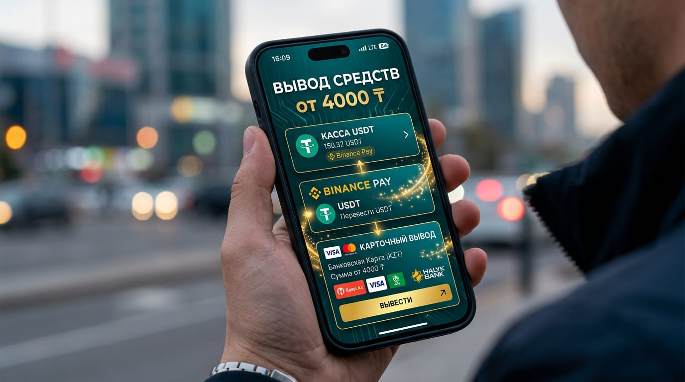 Касса с USDT и Binance Pay рядом с карточным выводом от 4000 тенге